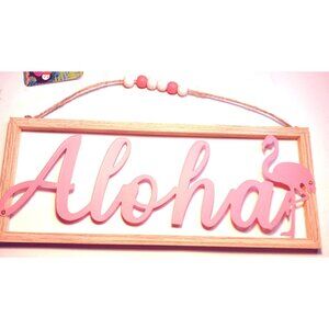 Aloha Flamingo Sign Hanging Wall Decor  Beaded String Pink White Beachy Coastal